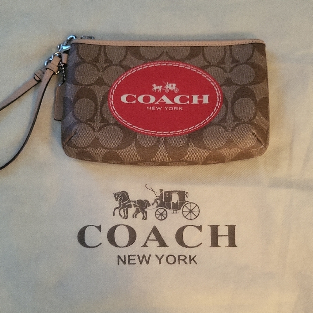 Coach Brown Wristlet with Red Logo
